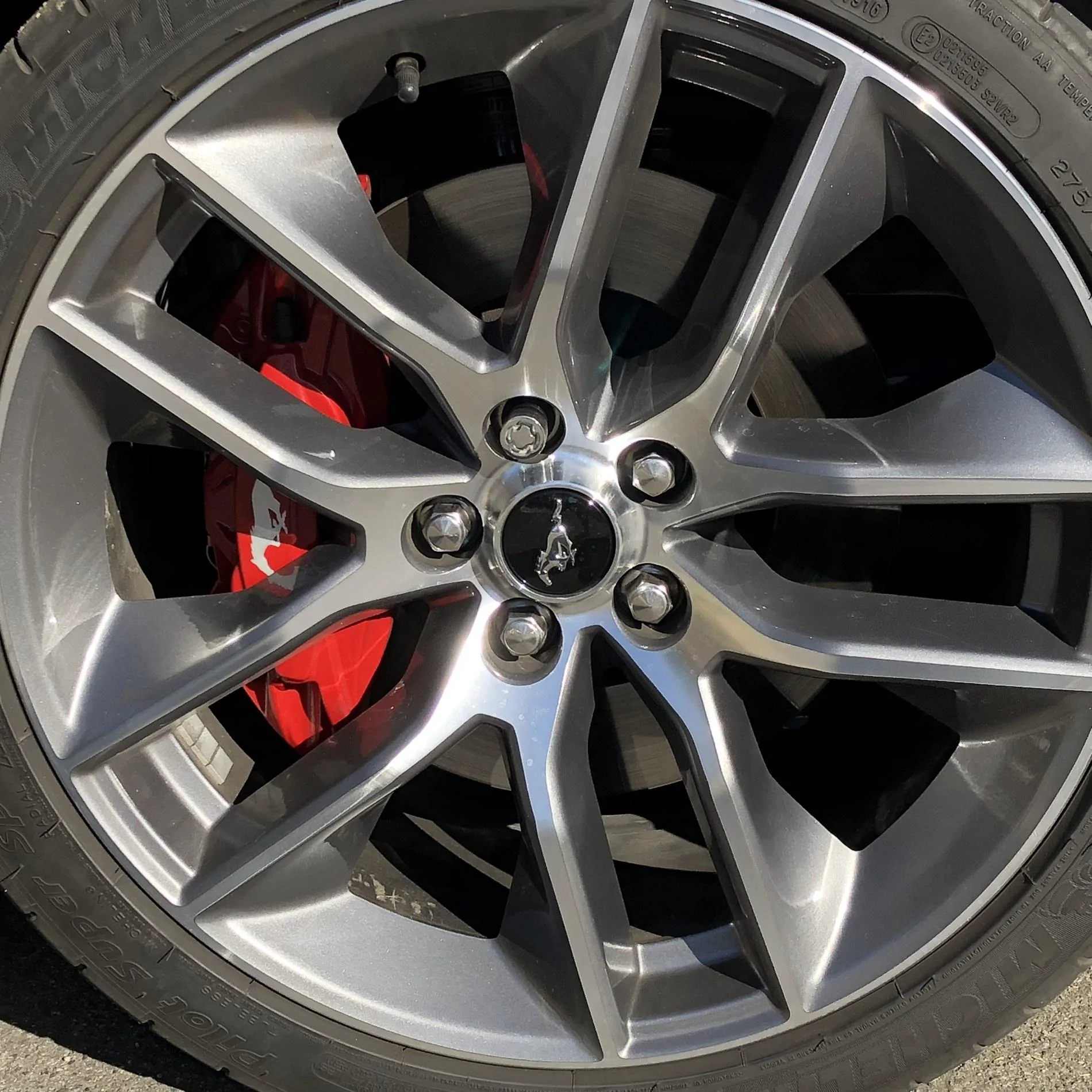 Painted Red Calipers with brushed aluminum pony decal.webp