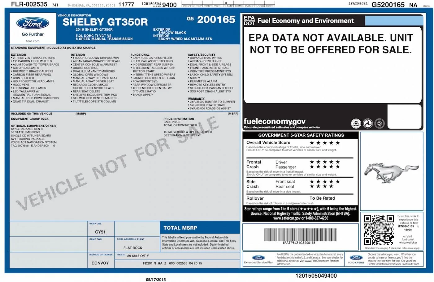 2016 Shelby GT350R Mustang Window Sticker.webp