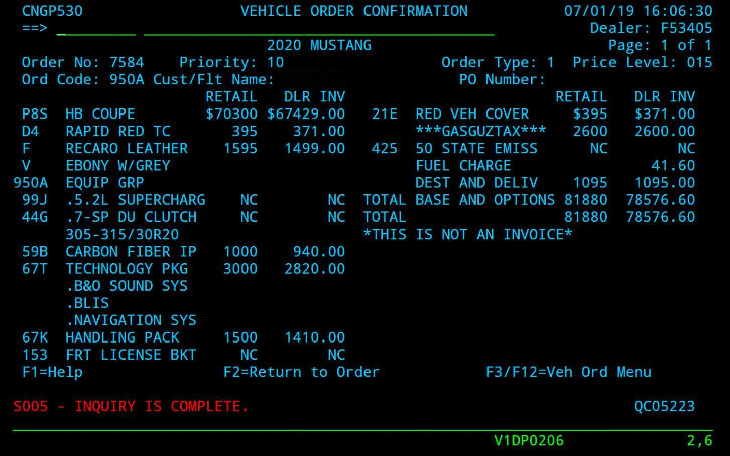 ZZ 2020 GT500 order confirmation from Nick details.webp