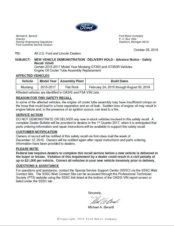 2015-17 Shelby GT350:R Safety Recall: Engine Oil Cooler .webp