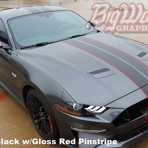 2018 Mustang with Narrow full length stripe - matte black w/gloss red pinstripe
https://www.bigwormgraphix.com/2018-mustang-narrow-dual-full-length-s