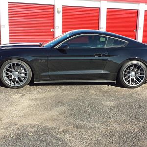 Black 2015 Mustang GT Premium w/White Stripes (Velgen VMB7 Wheels, Eibach Sportline Springs, Bassani Catback Exhaust)