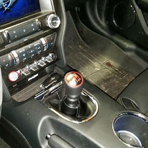 Shelby GT350 shift knob, Steeda Delrin reverse lockout collar.